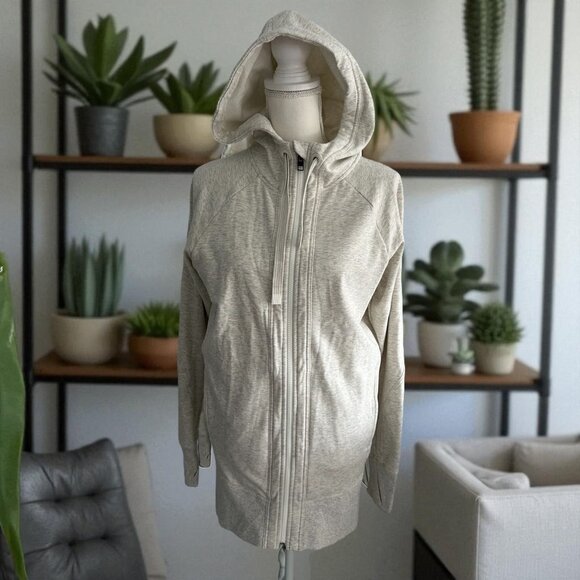 ATHLETA Oatmeal Heathered Long Hoodie Zip Sweatshirt Size Small - Picture 1 of 9